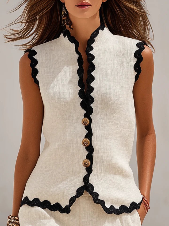 Scalloped Edge Linen Button-Front Set for Women