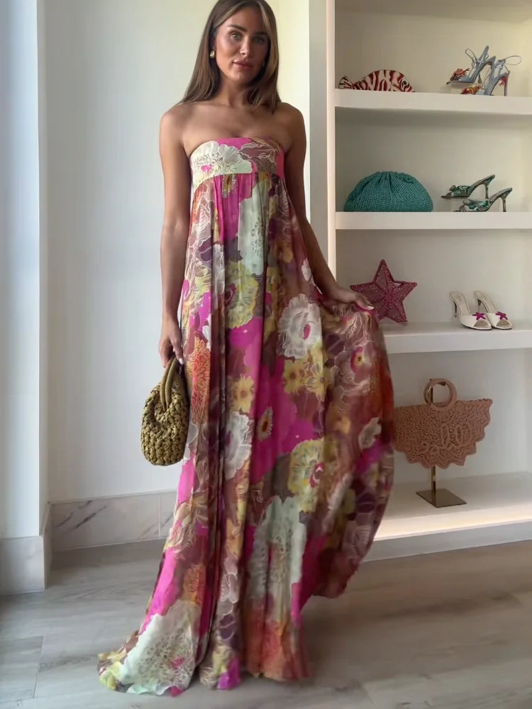 Strapless Floral Wedding Guest Maxi Dress for Women