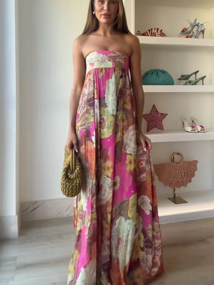 Strapless Floral Wedding Guest Maxi Dress for Women