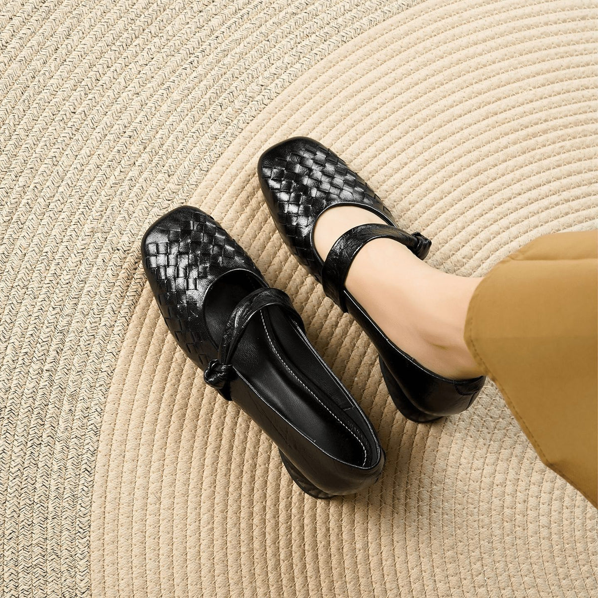 Woven Mary Jane Flats for Women - Zwart