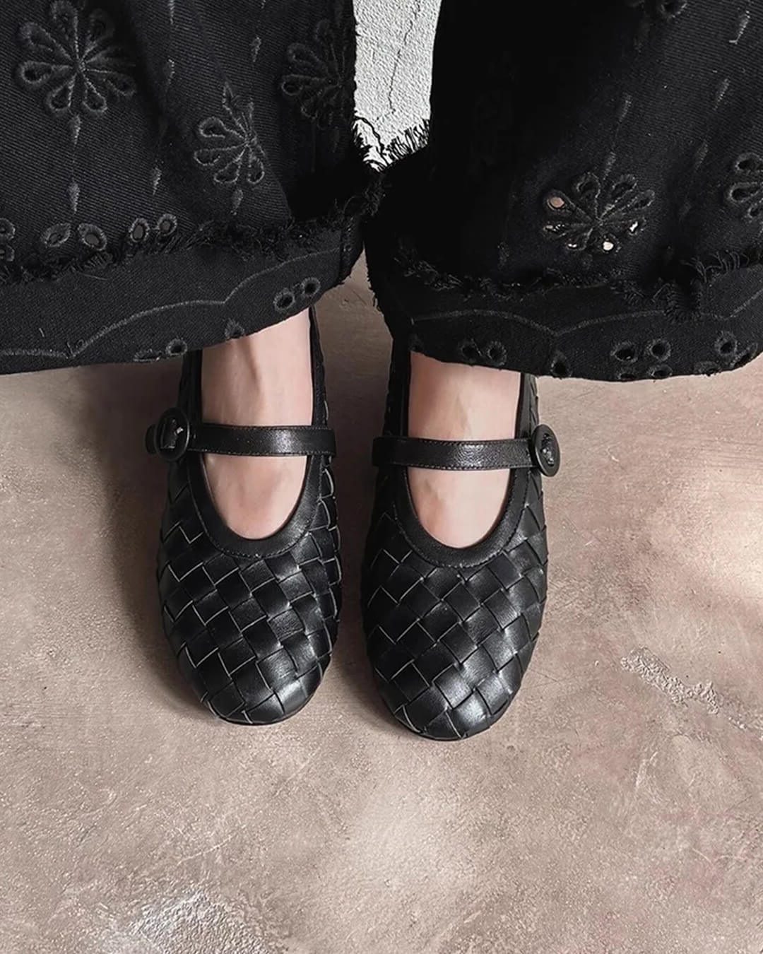 Woven Mary Jane Flats for Women - Black No. 2