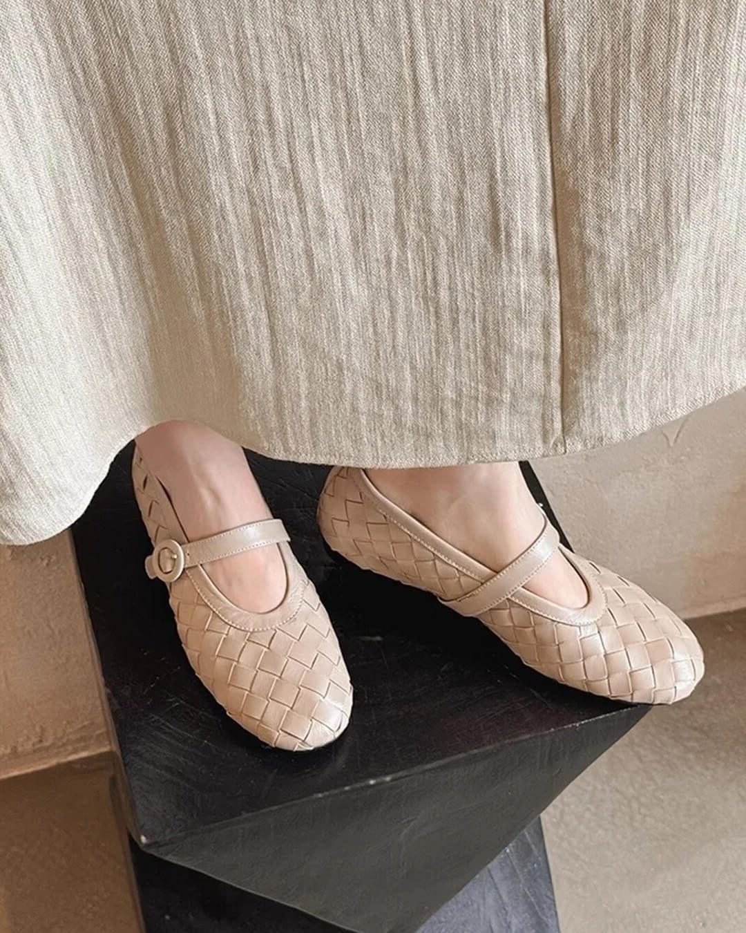 Woven Mary Jane Flats for Women - Beige