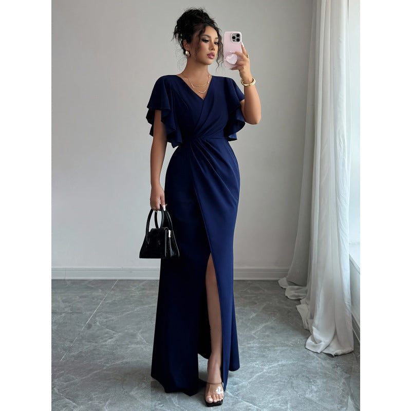 Wrap Maxi Autumn Wedding Guest Dress for Women - Midnight Blue