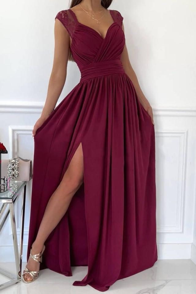 Wrap V-Neck Autumn Wedding Guest Maxi Dress for Women - Wine Red