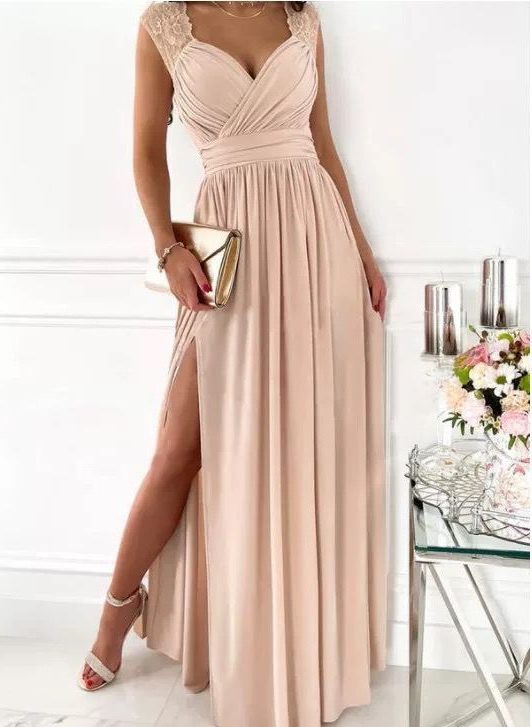 Wrap V-Neck Autumn Wedding Guest Maxi Dress for Women - Apricot