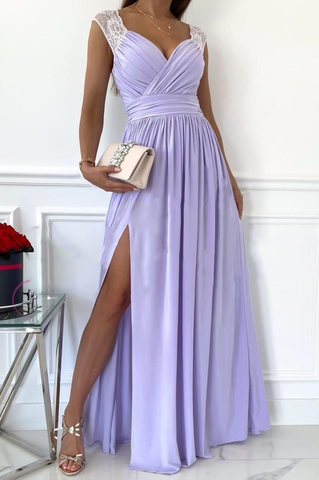 Wrap V-Neck Autumn Wedding Guest Maxi Dress for Women - Light Purple