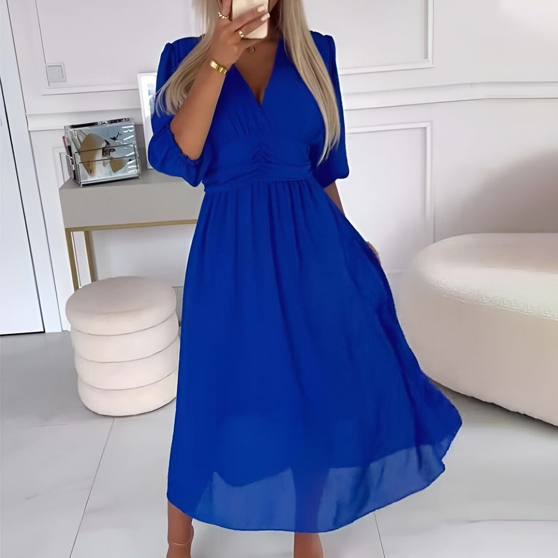Chiffon Wrap Midi Dress with Puff Sleeves for Women