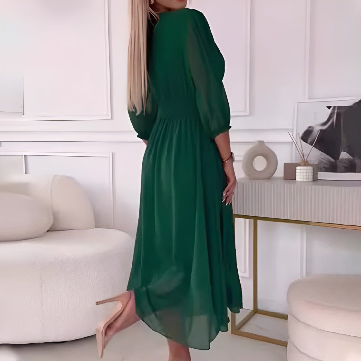Chiffon Wrap Midi Dress with Puff Sleeves for Women - View 5