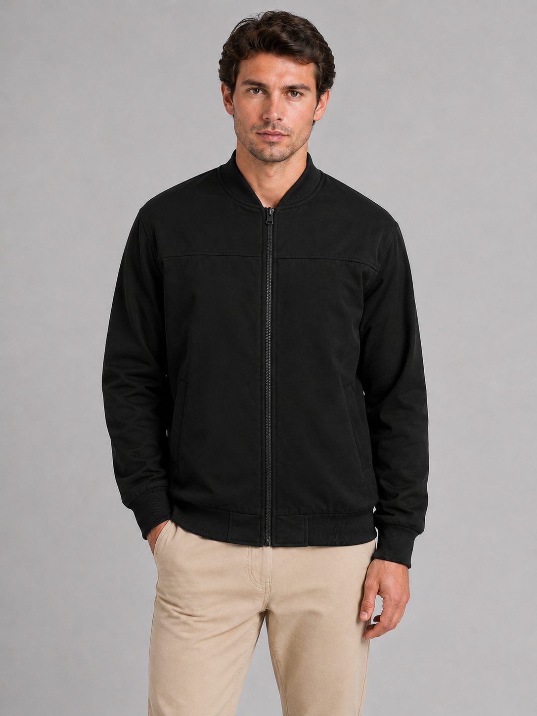 Zip-Up Bomber Jacket for Men - Black