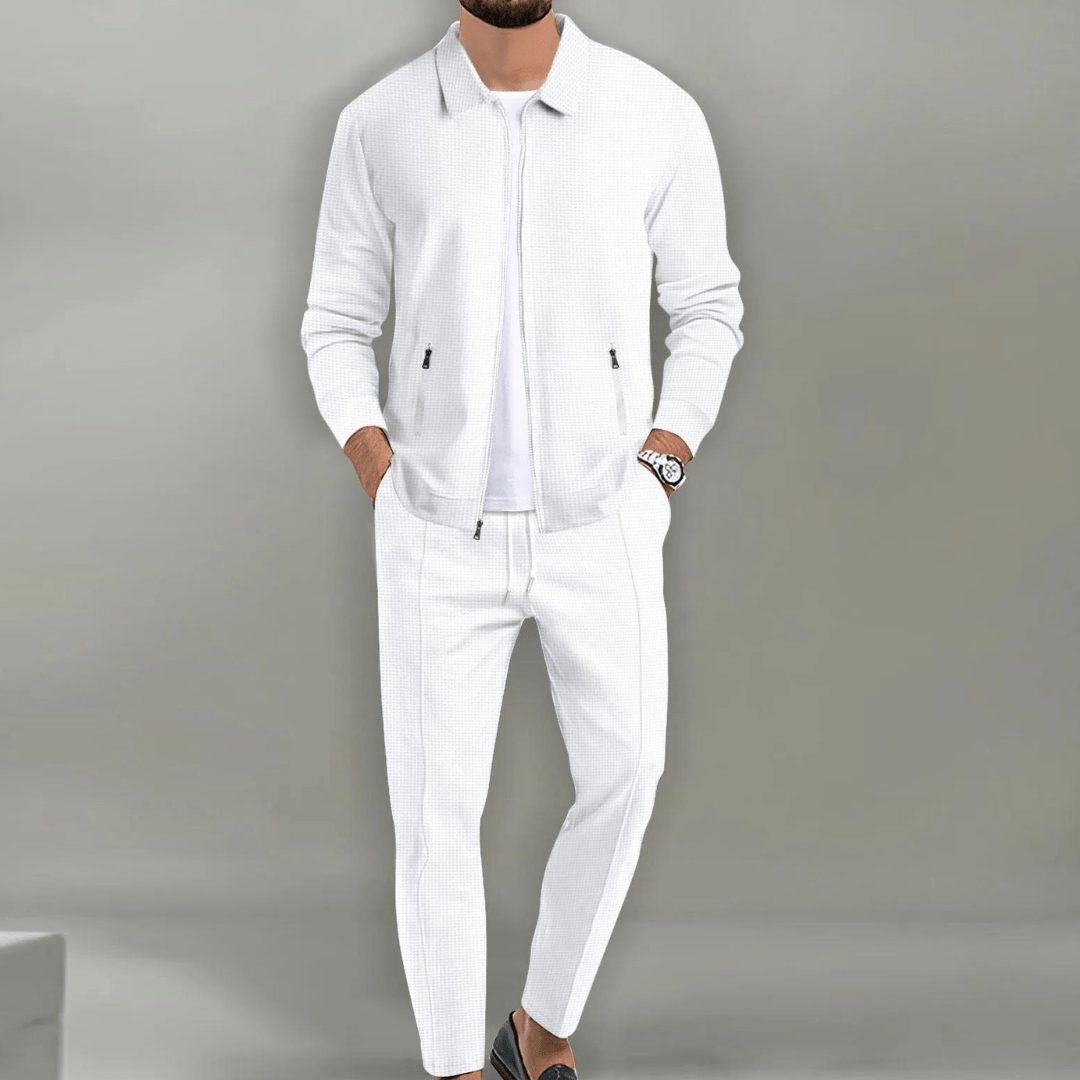 Zip-Up Jacket and Tapered Pants Set for Men - White