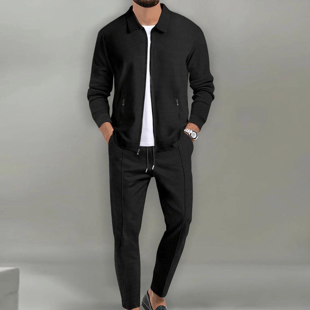 Zip-Up Jacket and Tapered Pants Set for Men - Black