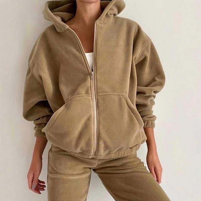 Zip-Up Oversized Hoodie Jogging Set for Women - Champagne