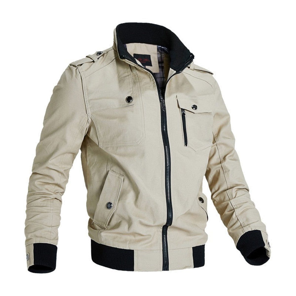 Zip-Up Stand Collar Bomber Jacket for Men - Khaki