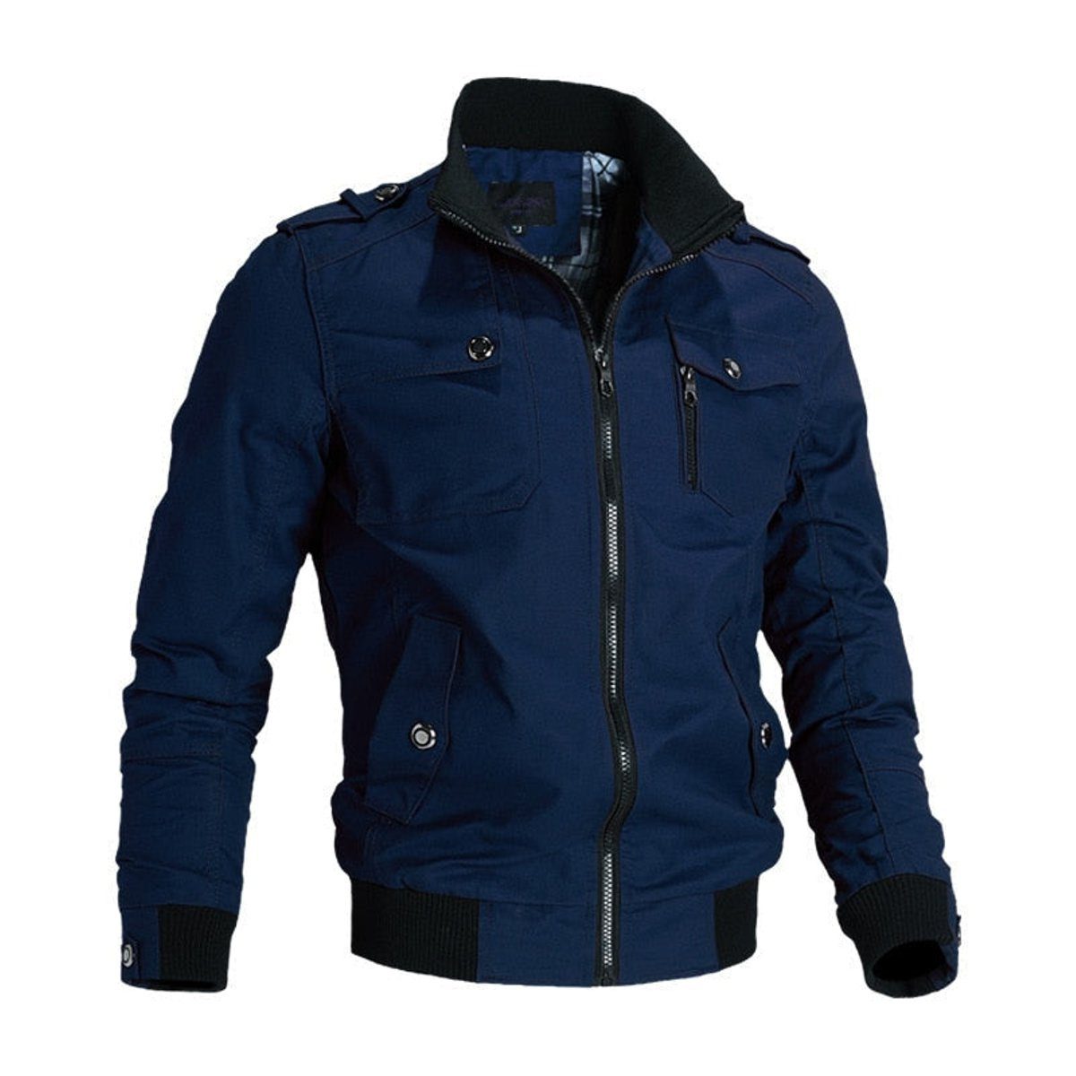 Zip-Up Stand Collar Bomber Jacket for Men - Blue